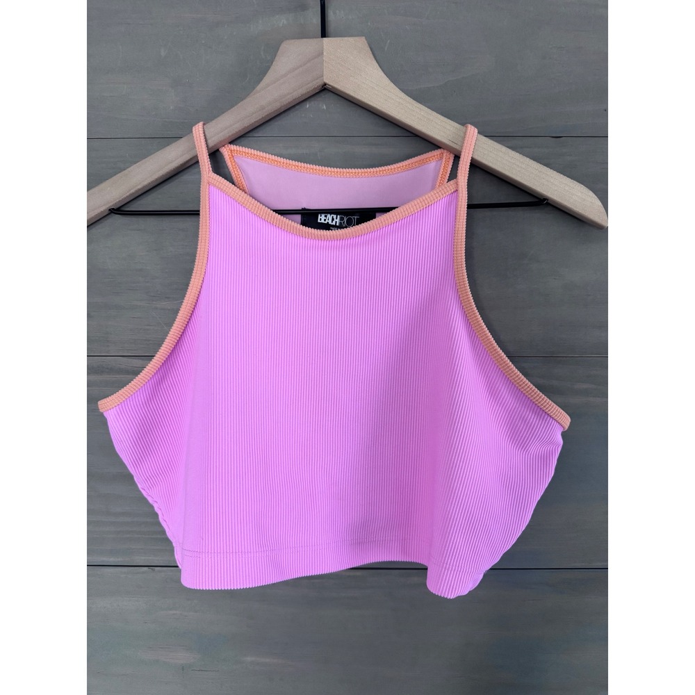 Beach Riot Only One Ringer Tank Top Pink Orange Ribbed Crop High Neck Large
